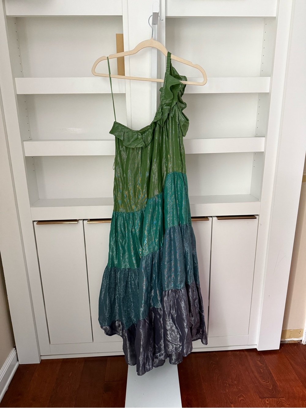 Anthropologie Maeve Metallic Ruffled One-Shoulder Color Block Dress Sz Small - Picture 5 of 7